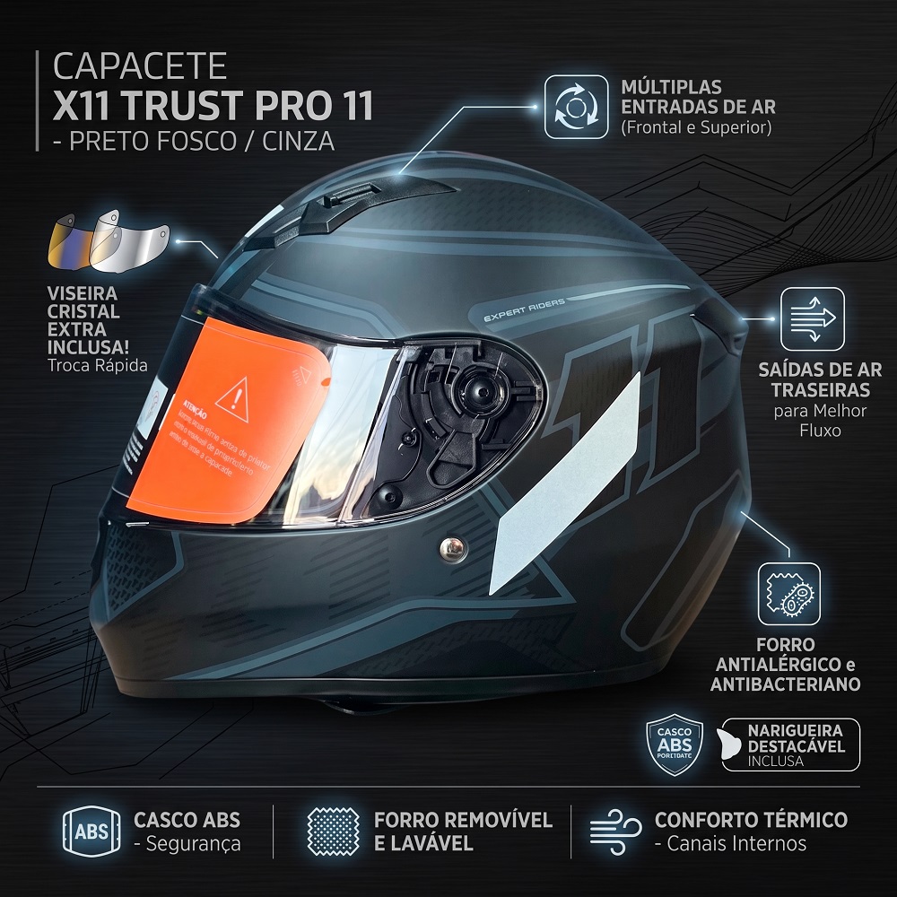 Capacete Motociclista X11 Trust Pro 11 - Preto Fosco / Cinza - Imagem 5