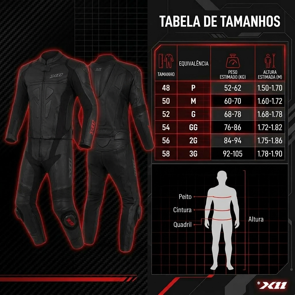 Macacão X11 Speed 2 Motoqueiro Superbike 2 Peças Couro Bovino - Preto - Imagem 9